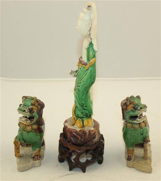 Three Chinese Sancai glazed biscuit figures, early 18th century, 10cm, one Buddhist lion restored, all with wood stands